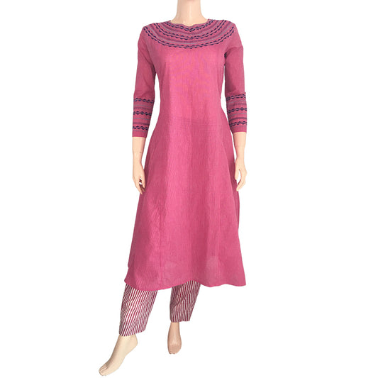 Handloom Cotton Embroidered Round neck Paneled Anarkali Kurta with Slip, Pink , KW1040