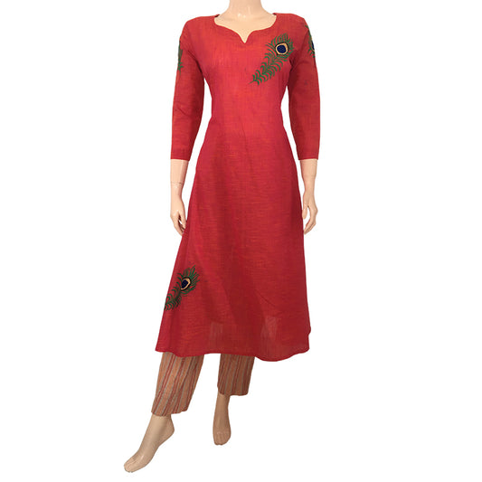 Hand Embroidered Slub Cotton Y neck A line Kurta, Pink - Peach Dual Tone , KW1042