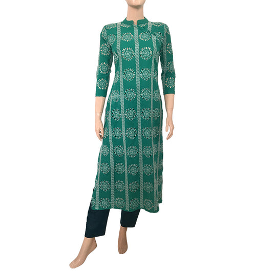 Cutwork Hakoba Cotton Straightcut Kurta with Mandarin Collar,  Pista Green, KW1043