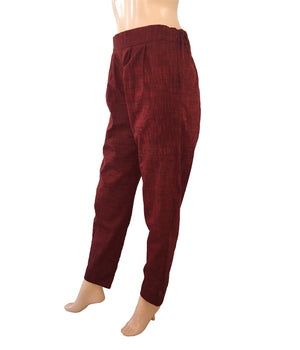 Slub Cotton Pants with Zip Opening & Pockets, Back Elasticated, Maroon, PN1040