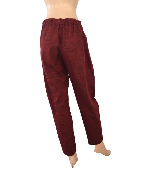 Slub Cotton Pants with Zip Opening & Pockets, Back Elasticated, Maroon, PN1040