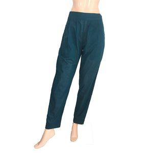 Handloom Cotton Pants with Side Zip & Pockets, Back Elasticated, Teal Green, PN1049