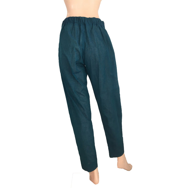 Handloom Cotton Pants with Side Zip & Pockets, Back Elasticated, Teal Green, PN1049