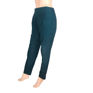 Handloom Cotton Pants with Side Zip & Pockets, Back Elasticated, Teal Green, PN1049