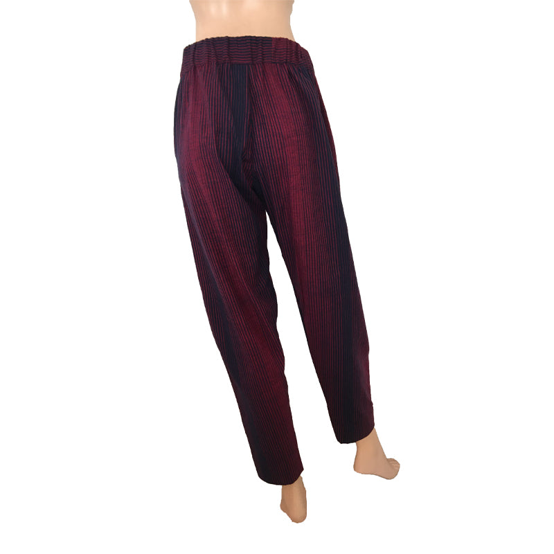 Striped Woven Cotton Pants with Side Zip & Pockets, Back Elasticated, Navy blue - Majentha,  PN1062