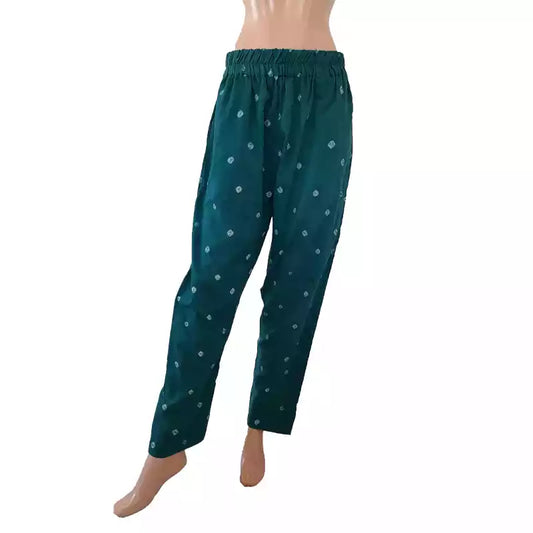 Bandhani Cotton Pants with Pockets, Fully Elasticated, Teal Green, PN1084