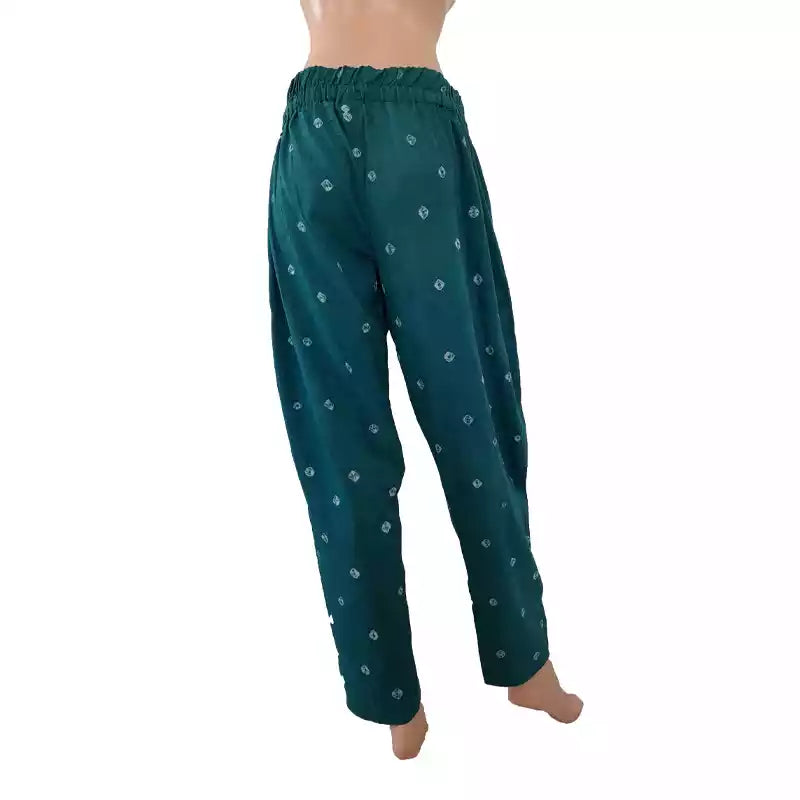 Bandhani Cotton Pants with Pockets, Fully Elasticated, Teal Green, PN1084