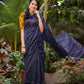 Handloom Mul Cotton Saree with Woven Zari Stripes & Tassles, Navy blue, SR1008
