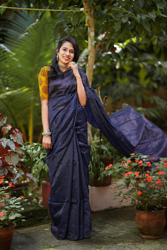 Handloom Mul Cotton Saree with Woven Zari Stripes & Tassles, Navy blue, SR1008