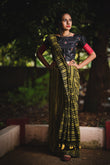Handloom  Mulmul Cotton Striped Saree with Tassles, Olive Green, SR1010