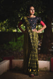 Handloom  Mulmul Cotton Striped Saree with Tassles, Olive Green, SR1010