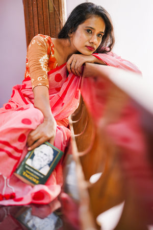 Handloom Mul Cotton Polka dot Saree with Tassles, Peach, SR1013