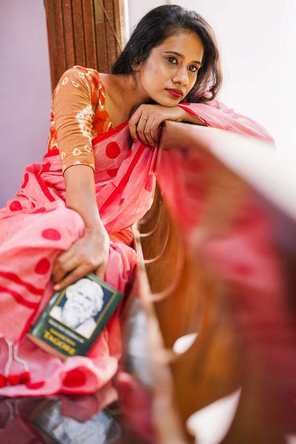 Handloom Mul Cotton Polka dot Saree with Tassles, Peach, SR1013