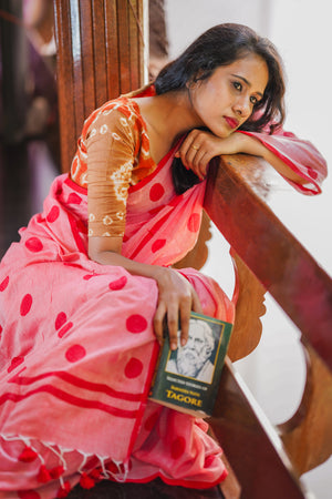 Handloom Mul Cotton Polka dot Saree with Tassles, Peach, SR1013