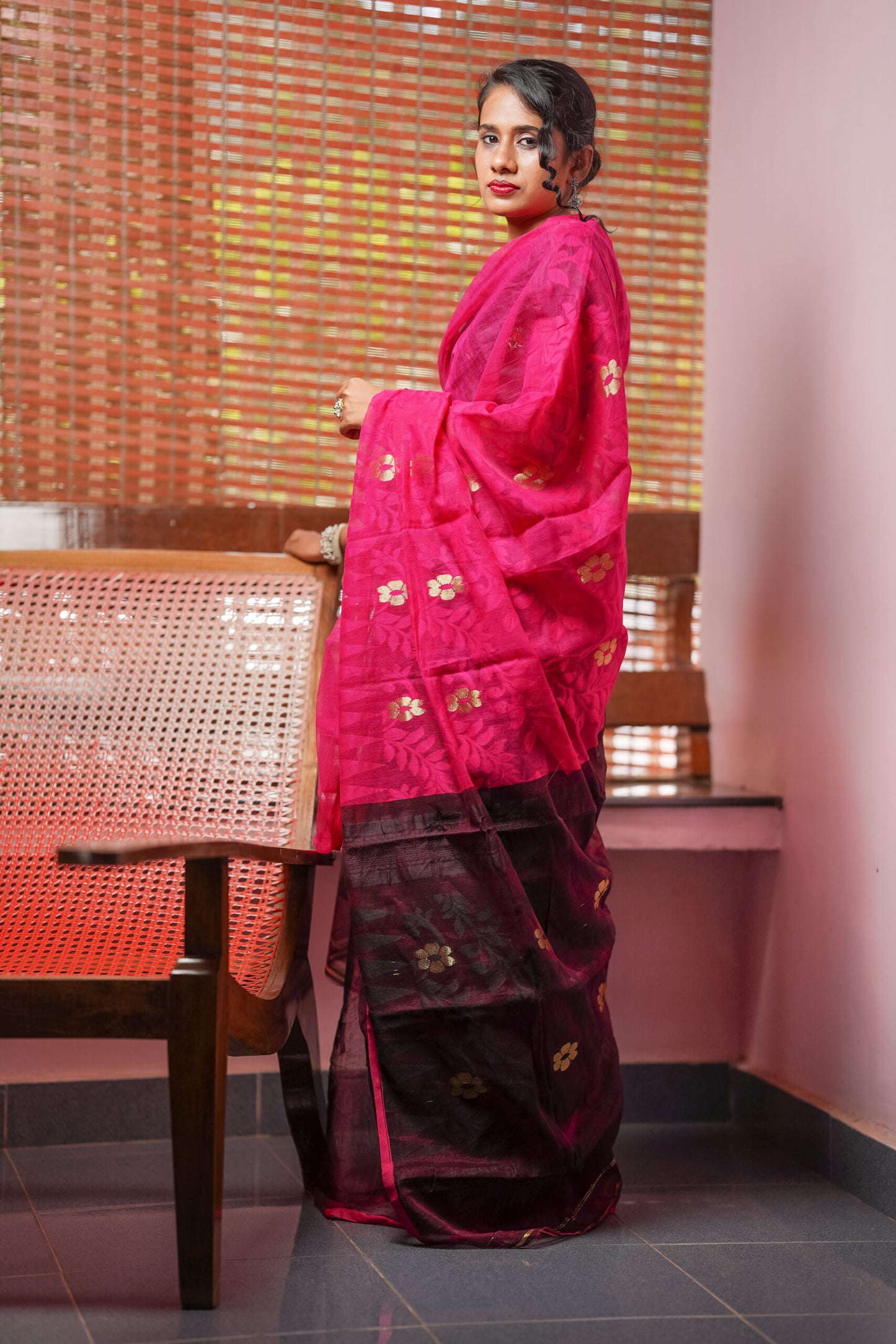 Blended Cotton Jamdhani Saree with Zari Butta,  Pink - Maroon, SR1015