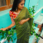 Handloom Mulmul Cotton Saree with Woven Zari Stripes & Tassles, Olive Green, SR1016