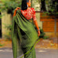 Handloom Mulmul Cotton Saree with Woven Zari Stripes & Tassles, Olive Green, SR1016