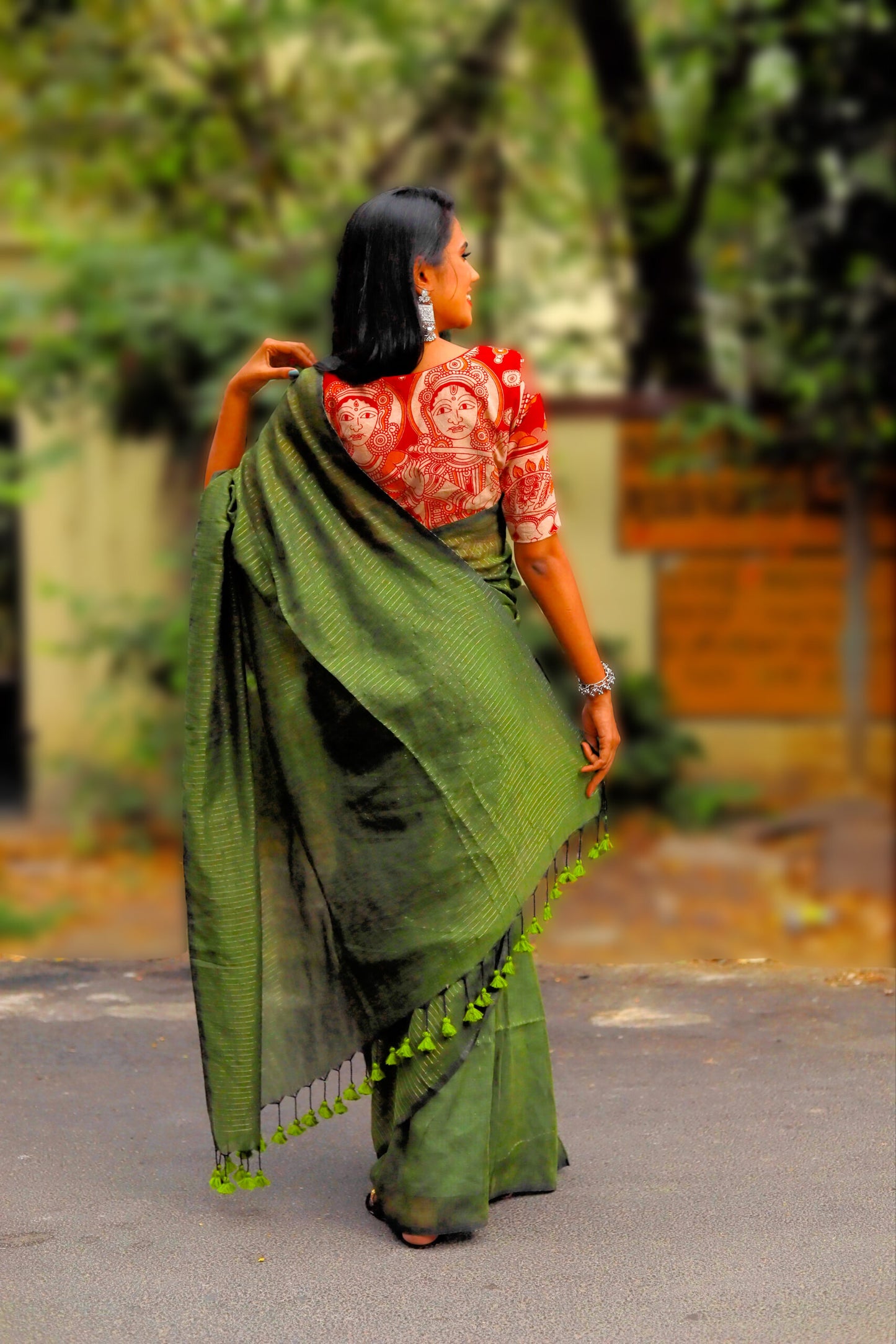 Handloom Mulmul Cotton Saree with Woven Zari Stripes & Tassles, Olive Green, SR1016