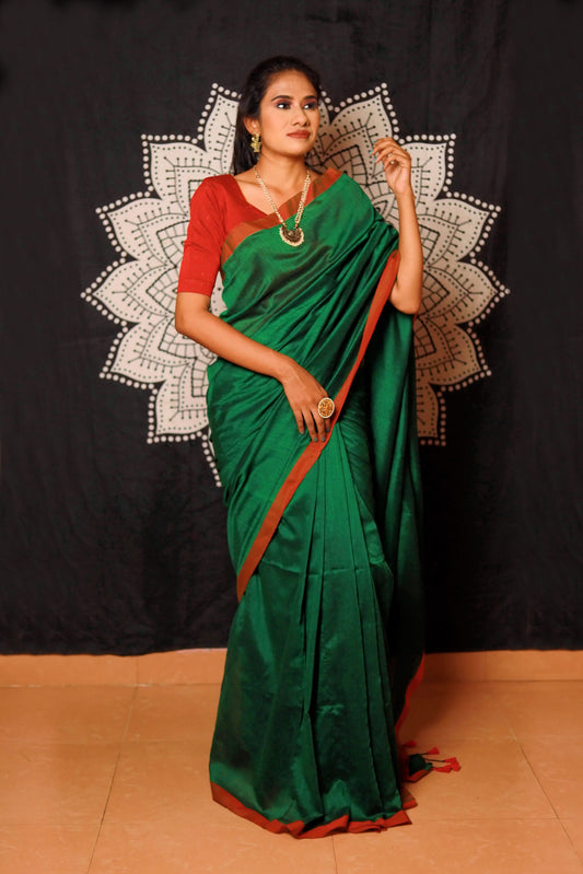 Handloom Soft Cotton Dual Tone Saree with Tassles, Bottle Green, SR1021