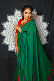 Handloom Soft Cotton Dual Tone Saree with Tassles, Bottle Green, SR1021
