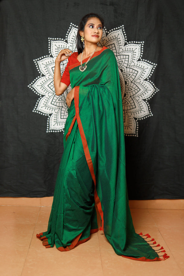 Handloom Soft Cotton Dual Tone Saree with Tassles, Bottle Green, SR1021