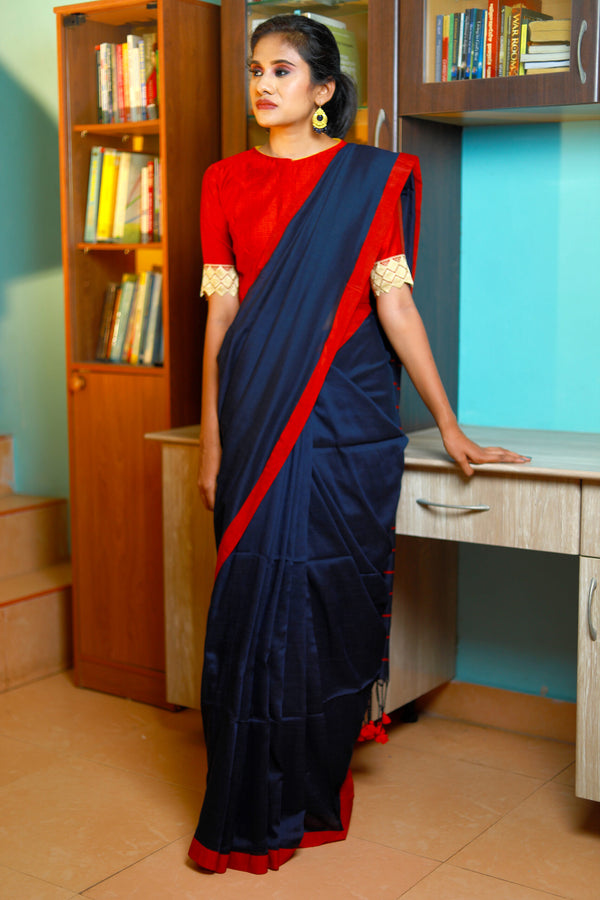 Handloom Soft Cotton Dual Tone Saree with Tassles, Navy blue, SR1022