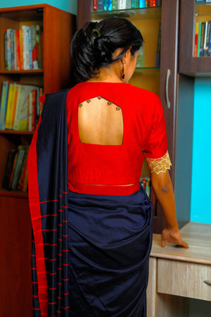 Handloom Soft Cotton Dual Tone Saree with Tassles, Navy blue, SR1022