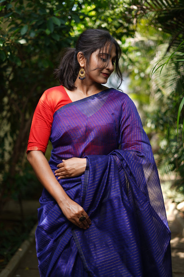 Blended Cotton Saree with Woven Zari Stripes & Tassles,  Royal blue, SR1029