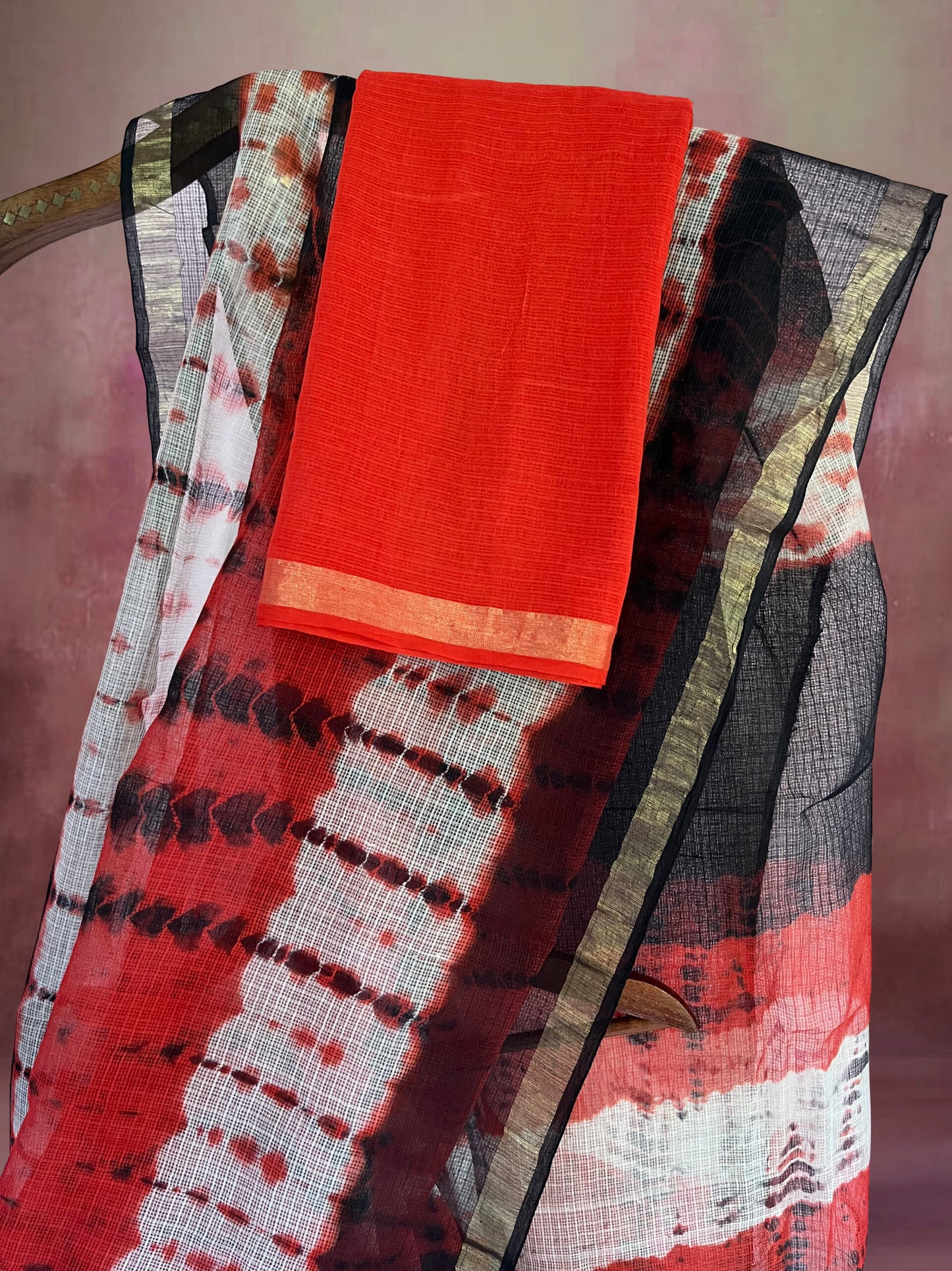 Pure Cotton Kota Doria Block Printed Saree with Zari Border,  Red - black, SR1033