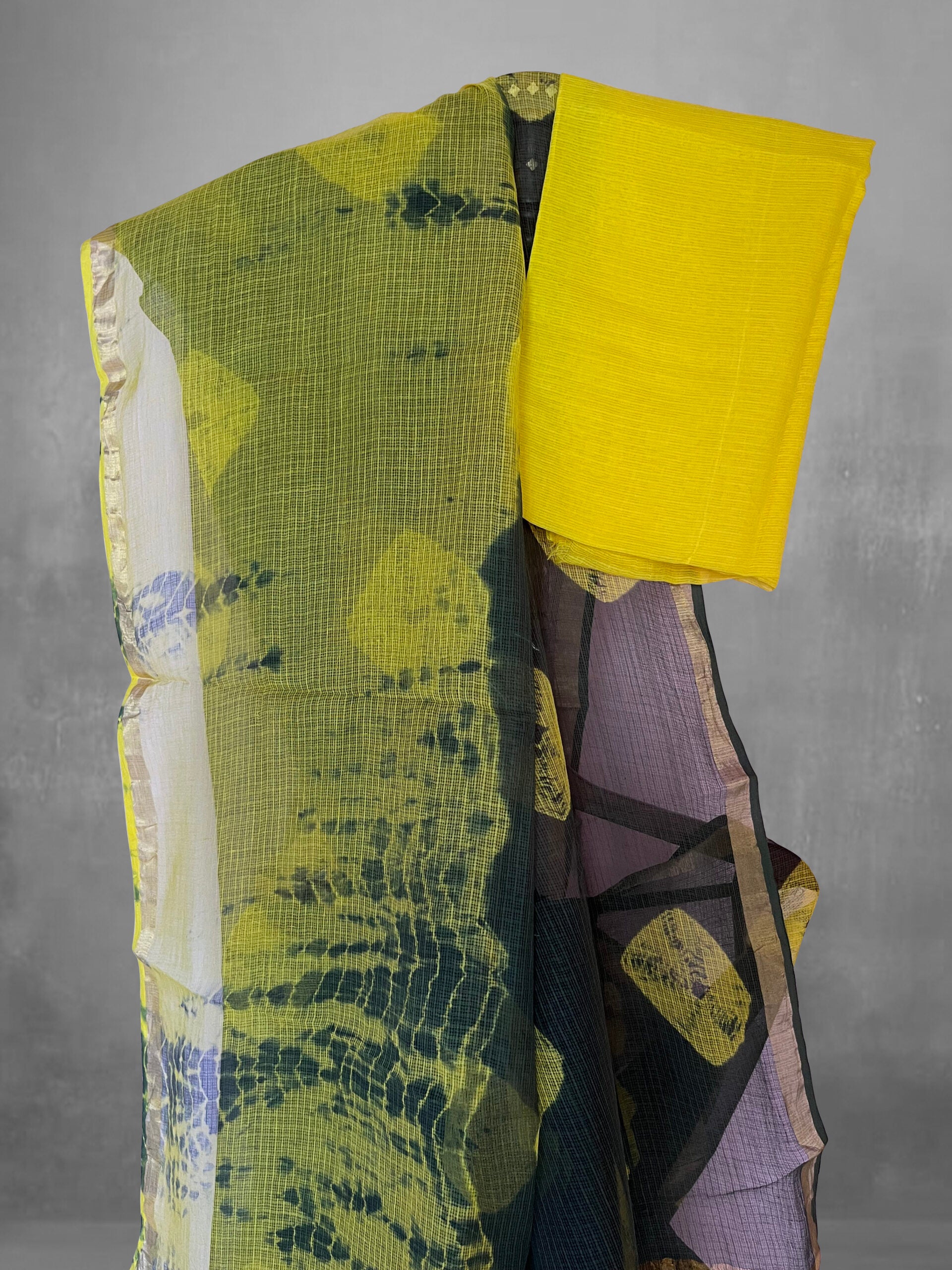 Pure Cotton Kota Doria Block Printed Saree with Zari Border,  Green - Yellow, SR1034