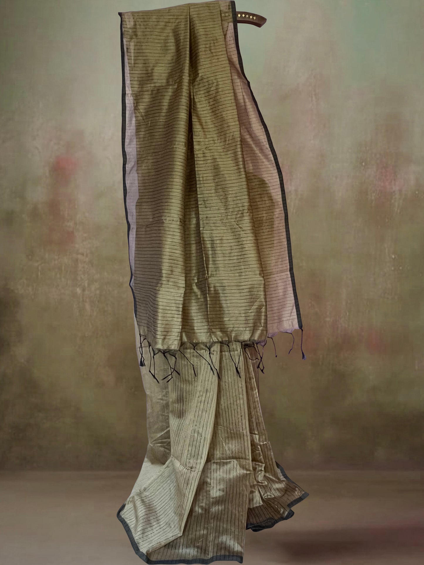 Blended Cotton Saree with Woven Zari Stripes & Tassles, Beige, SR1037