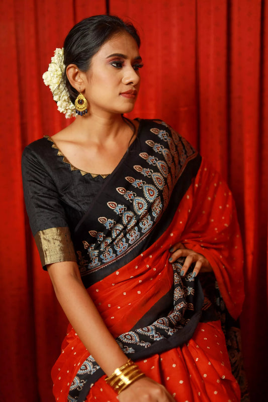 Modal Silk Bandhani-Ajrakh Saree with Blouse Piece,Orange-black,SS1002