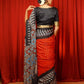 Modal Silk Bandhani-Ajrakh Saree with Blouse Piece,Orange-black,SS1002