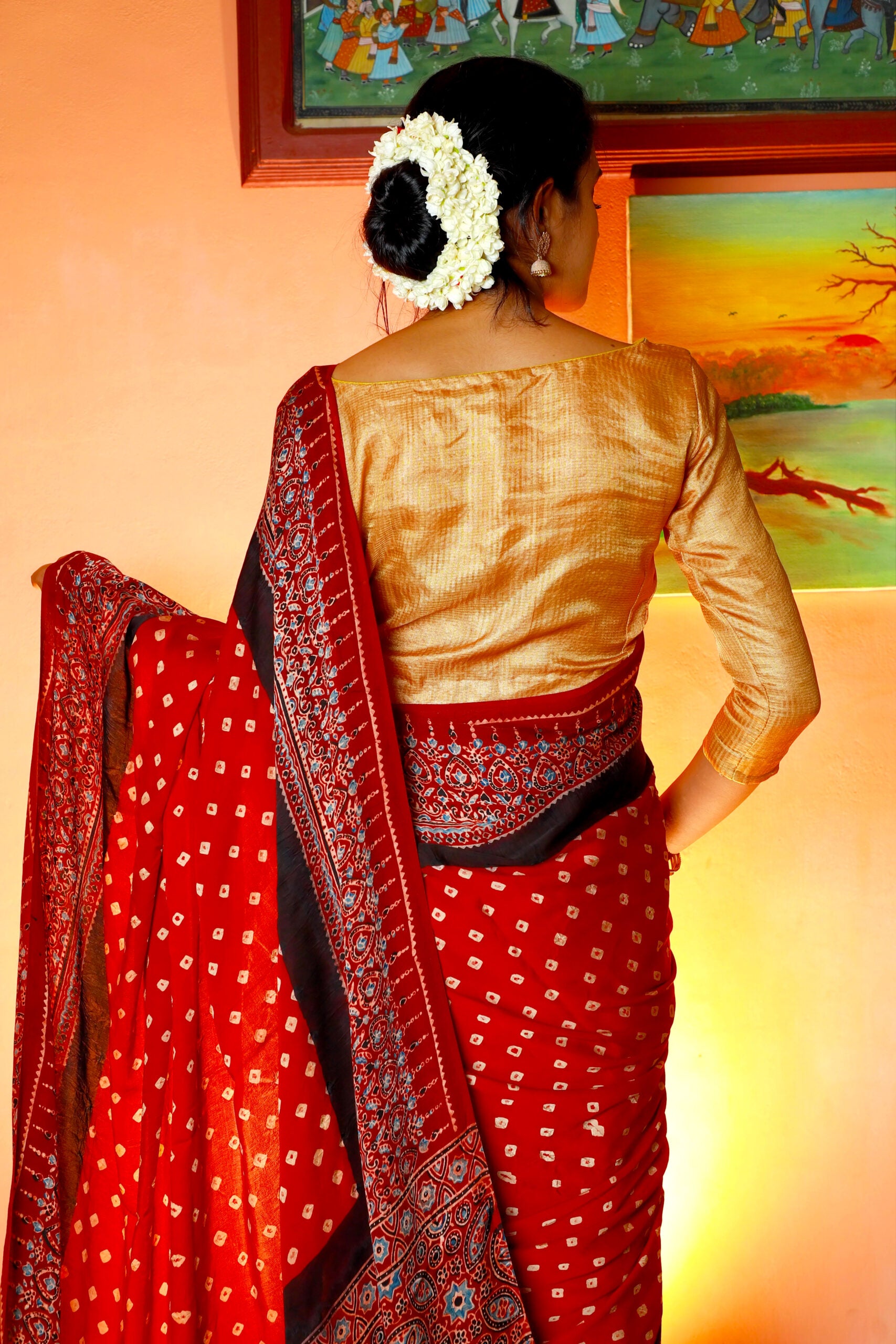 Modal Silk Bandhani - Ajrakh Saree with Blouse Piece,  Red - Maroon,  SS1004