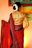 Modal Silk Bandhani - Ajrakh Saree with Blouse Piece,  Red - Maroon,  SS1004