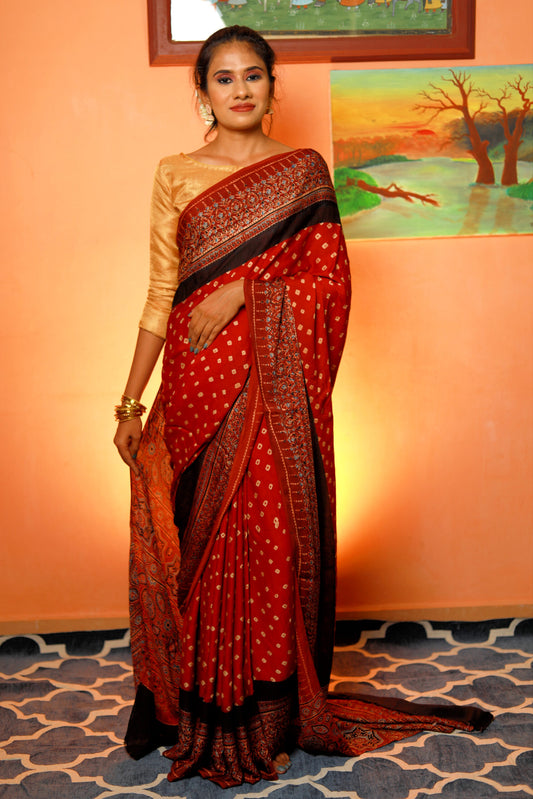 Modal Silk Bandhani - Ajrakh Saree with Blouse Piece,  Red - Maroon,  SS1004