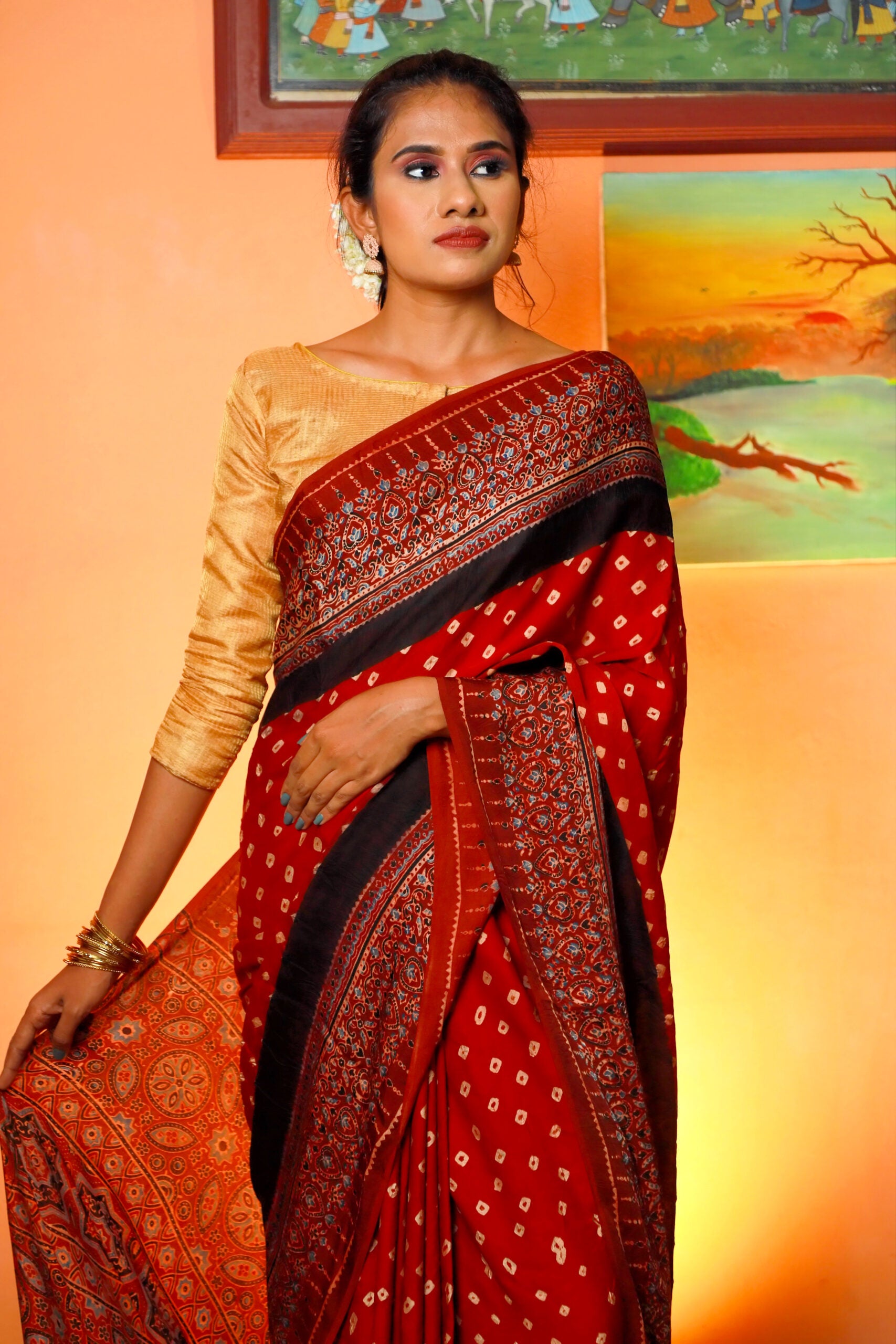 Modal Silk Bandhani - Ajrakh Saree with Blouse Piece, Red - Maroon, SS –  Scarlet Thread