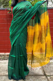 Mangalgiri Handwoven Silk Cotton Saree With Ikat Cotton Pallu, Green, SS1015