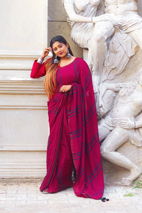 Handloom  Mulmul Cotton Striped Saree with Tassles, Maroon, SR1011