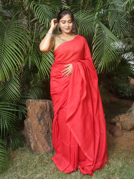 Handloom Soft Cotton Saree with Tassles, Plain Red, SR1026