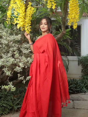 Handloom Soft Cotton Saree with Tassles, Plain Red, SR1026