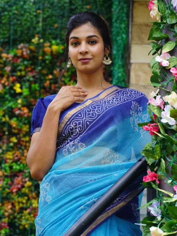 Pure Cotton Kota Doria Block Printed Saree with Zari Border,  Blue, SR1023