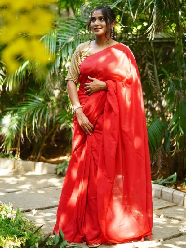 Handloom Soft Cotton Saree with Tassles, Plain Red, SR1026