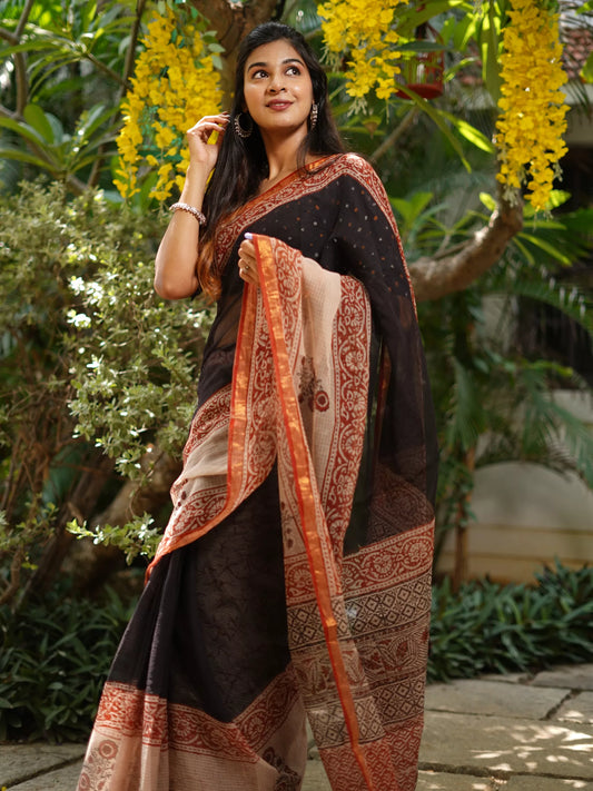 Pure Cotton Kota Doria Block Printed Saree with Zari Border,  Black, SR1025