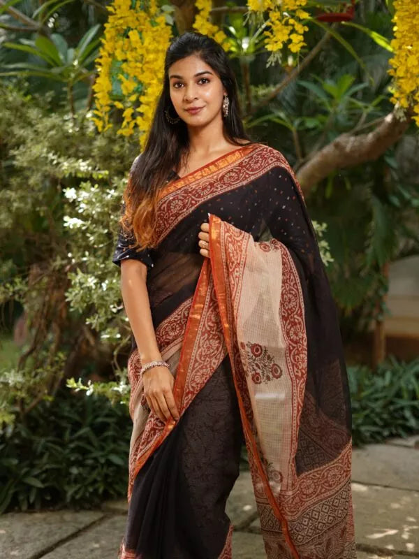 Pure Cotton Kota Doria Block Printed Saree with Zari Border,  Black, SR1025