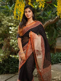 Pure Cotton Kota Doria Block Printed Saree with Zari Border,  Black, SR1025