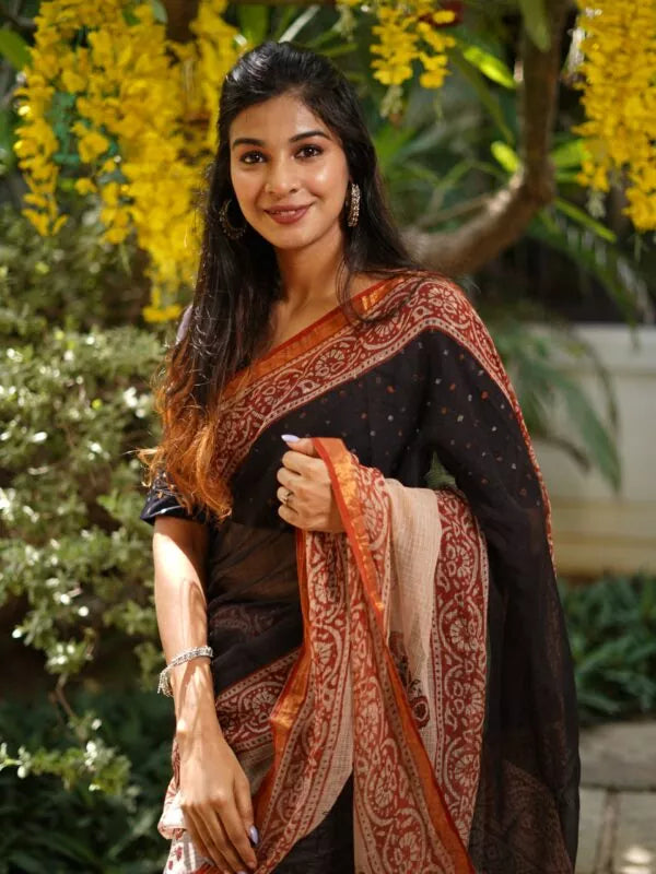 Pure Cotton Kota Doria Block Printed Saree with Zari Border,  Black, SR1025