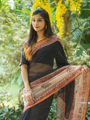 Pure Cotton Kota Doria Block Printed Saree with Zari Border,  Black, SR1025