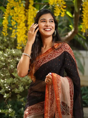 Pure Cotton Kota Doria Block Printed Saree with Zari Border,  Black, SR1025