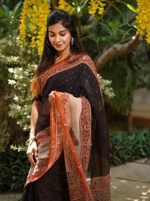 Pure Cotton Kota Doria Block Printed Saree with Zari Border,  Black, SR1025